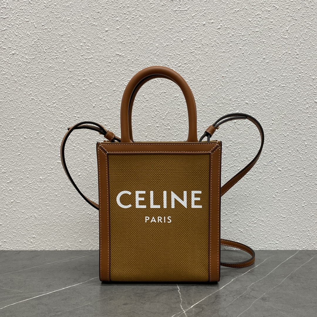 Celine Mini Vertical Cabas In Triomphe Canvas And Calfskin With Celine Print Brown 193302